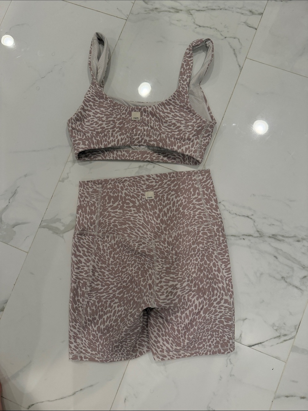 Vuori Mauve Animal Print Sports Bra & Bike Shorts Set